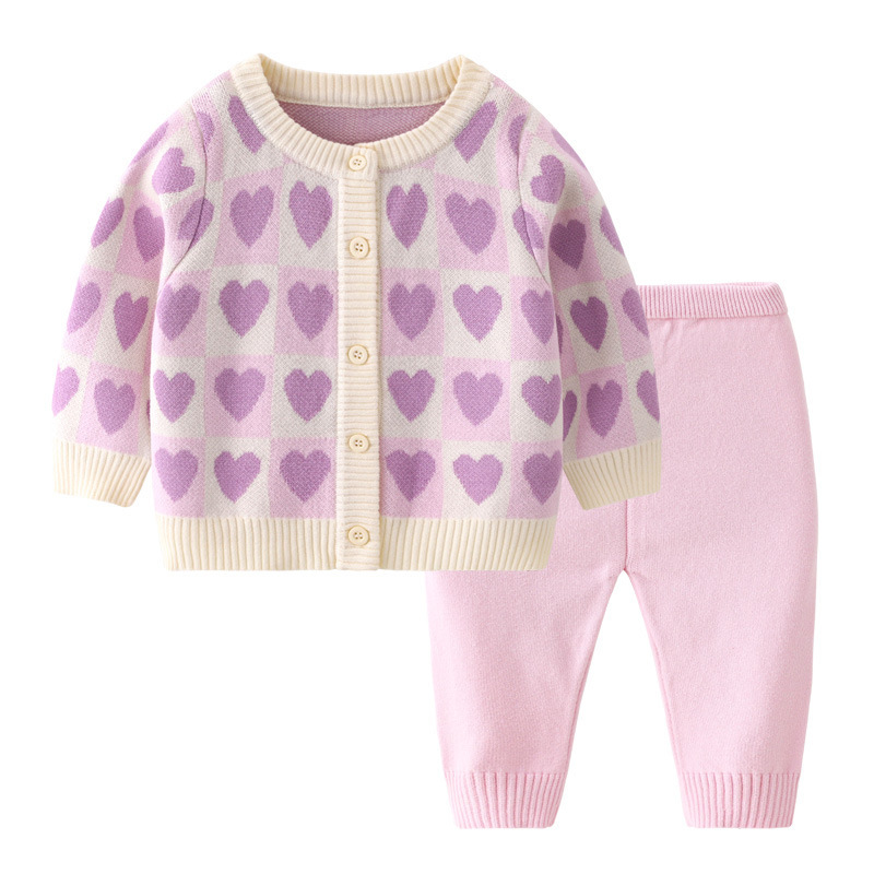 2pcs Baby Toddler Girl Cute Heart Graphic Plaid Knit Tops and Pants Set-kissminis