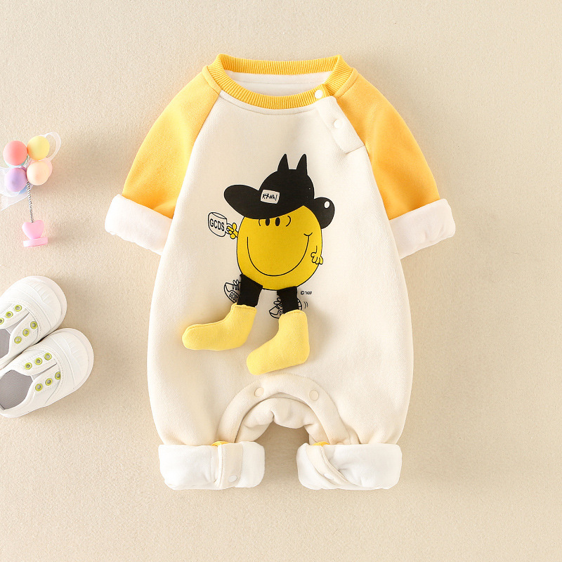 Newborn Baby Boy & Girl Cartoon Smiling Face Graphic Long Sleeve Romper-kissminis