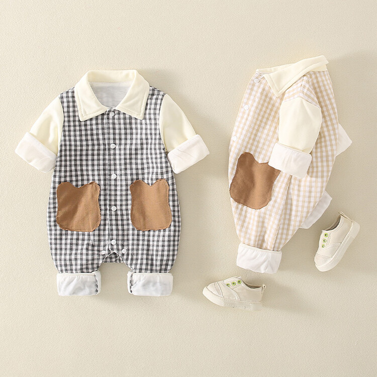 Baby Mock Two-pieces Plaid Collar Single Breasted Long Sleeve Romper-kissminis