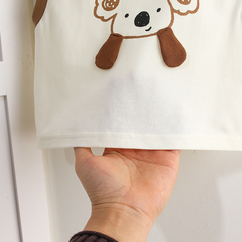 Sleeveless White Top with Koala Print and Brown Striped Shorts Set