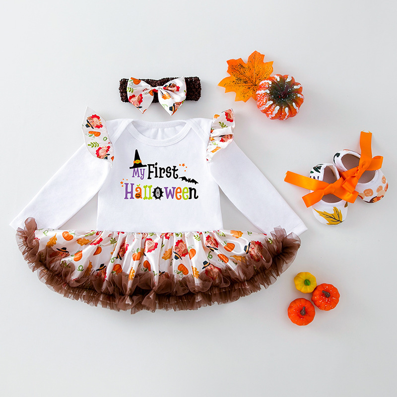 3pcs Newborn Baby Girl Hallowen Wacky Pumpkin Cartoon Print Long Sleeve Dress Set-kissminis