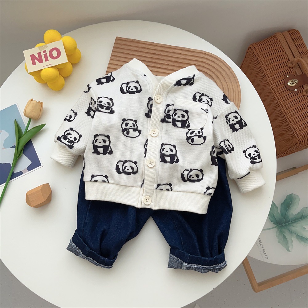 Baby Boy Panda Print Long Sleeve Cardigan with Denim Pants Set-kissminis