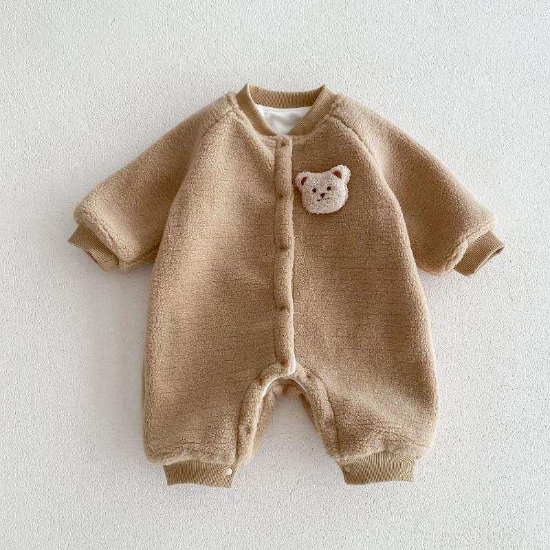 Winter FleeceBaby Boy/Girl Bear Design Solid Color Long Sleeve Romper-kissminis