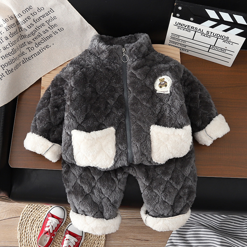 2pcs Baby Boy/Girl Cute Bear Pattern Zipper Plush Pajamas Long Sleeves Sweatshirt and Pants Set-kissminis