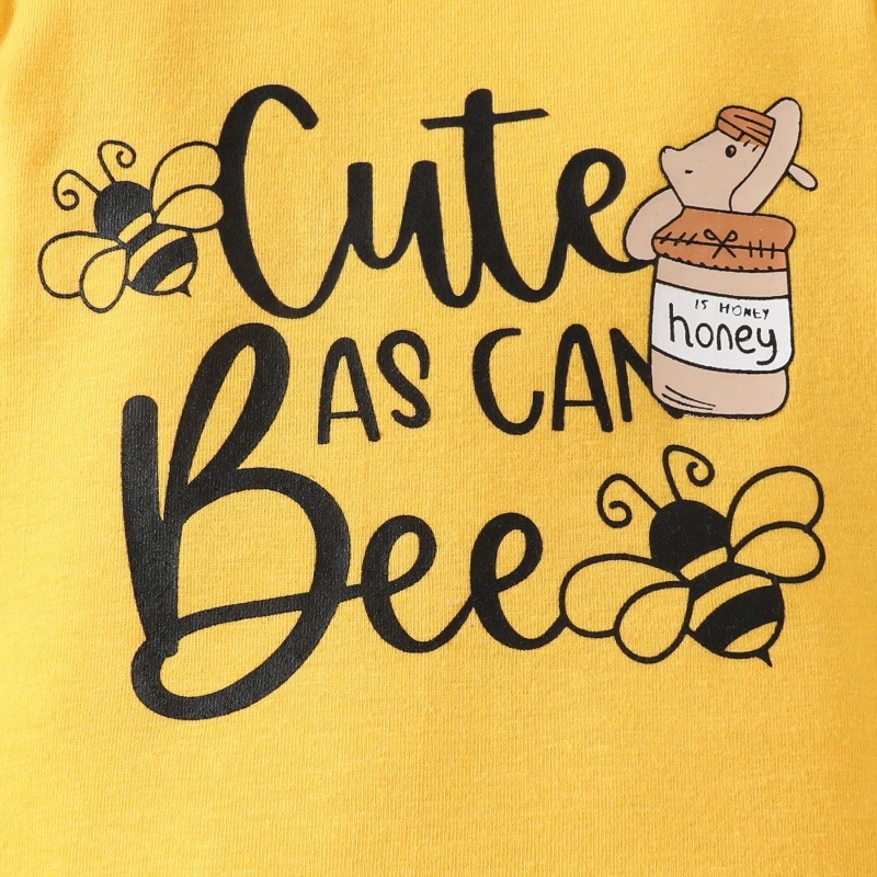 2pcs Baby Girl Cute Little Bee Print Long Sleeve Set With Hairband