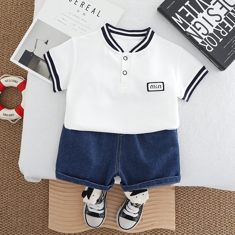 Henley Style Short Sleeve Shirt with Trim Detail and Denim Shorts Set