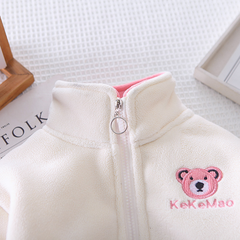 Toddler Boy Cute Bear Pattern Stand Collar Zipper Cardigan Three Piece Set-kissminis