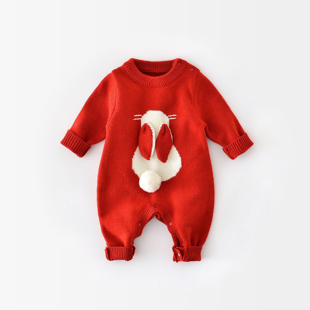 Baby Girl Red 3D Rabbit Design Long Sleeve Knitted Romper-kissminis