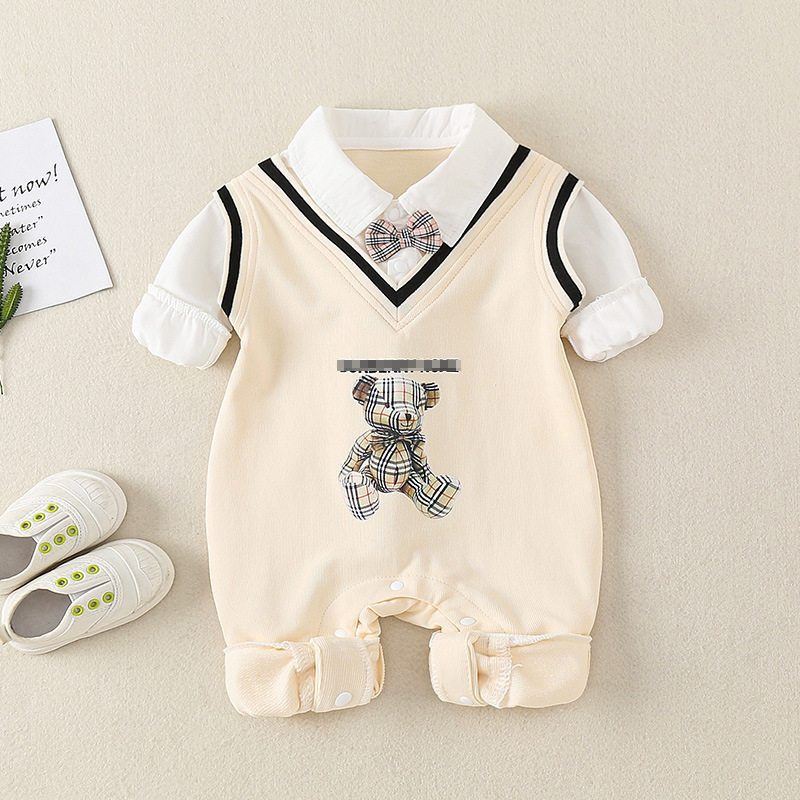 Mock Two-pieces Baby Boy Plaid Bear Print and Bow Tie Collar Long Romper-kissminis