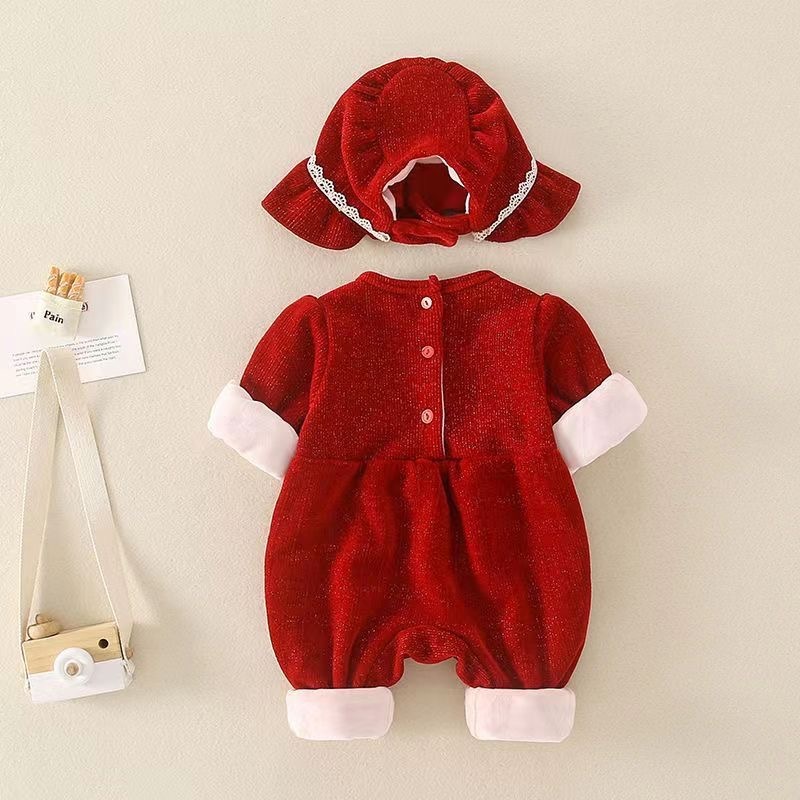 Baby Girl Solid Color Winter Thicken Long Sleeve Romper with Hat Set-kissminis