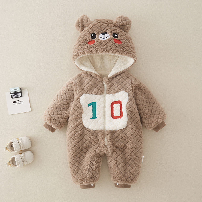 Baby Boy/Girl Winter Thicken Bear Design Number Long Sleeve Fluff Hooded Romper-kissminis