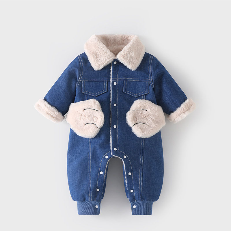 Baby Boy/Girl Winter Thicken Denim Cute Dog Toy Design Solid Color Fluff Long Sleeve Romper-kissminis