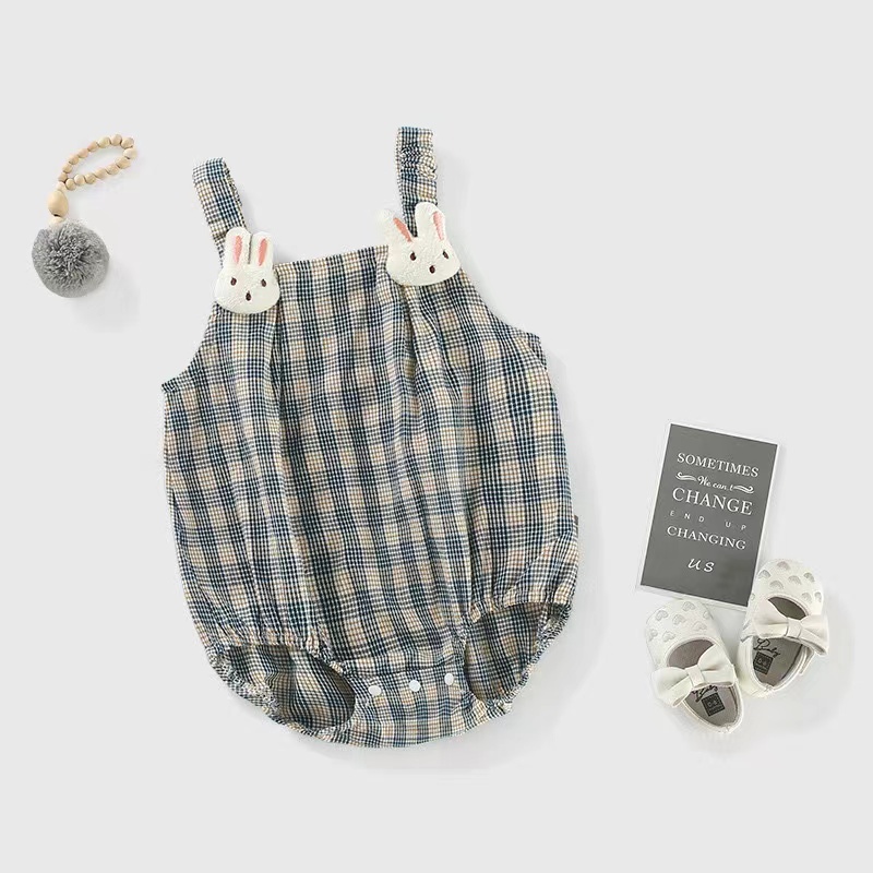 Baby Girl Stereoscopic Rabbit Plaid Sling Bodysuit-kissminis