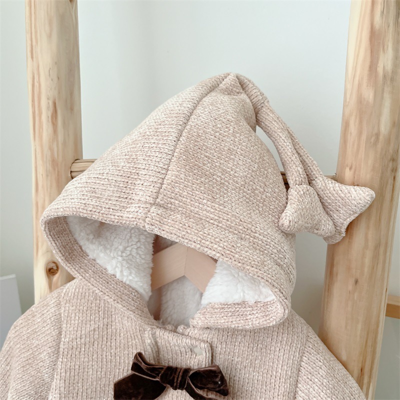 Baby Girl Winter Bowknot Design Long Sleeve Thicken Fluff Hooded Romper-kissminis