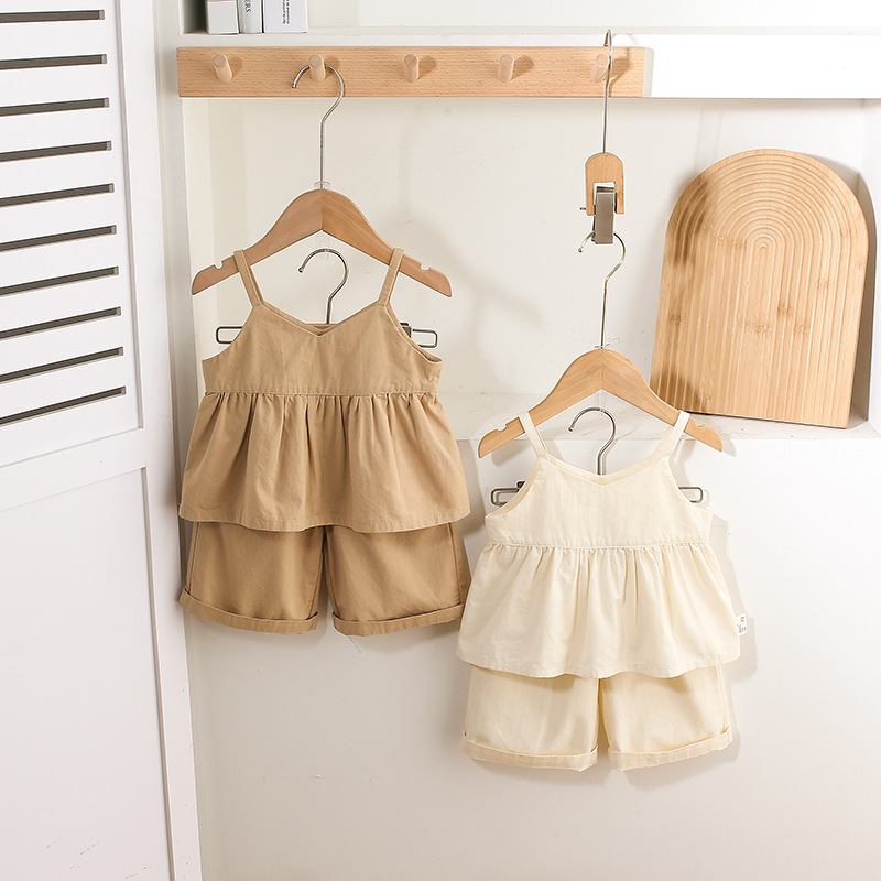 Tan and Cream Spaghetti-strap Ruffled Top and Shorts Sets