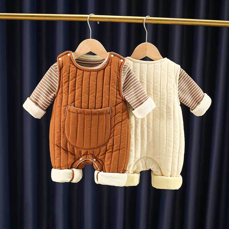 2pcs Baby Boy/Girl Winter Fleece Stripe Line Solid Color Overall Romper with Sweatshirt Set-kissminis