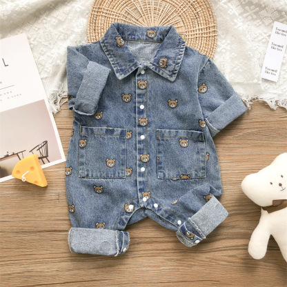 Baby Boy Allover Bear Print Polo Collar Pocket Decor Long Sleeve Botton Up Casual Denim Romper