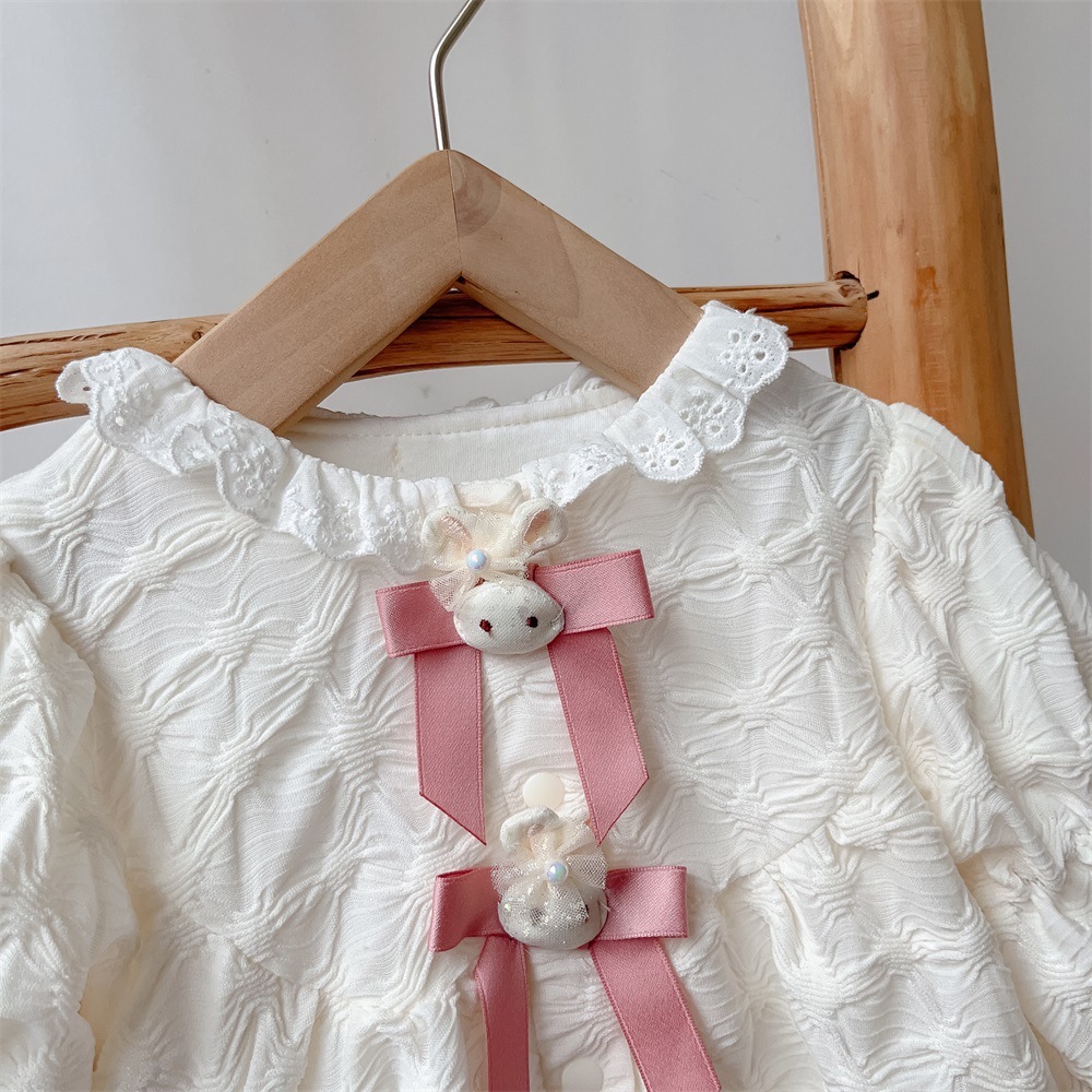Baby Girl Bowknot Design Solid Color Long Puff-sleeve Romper-kissminis