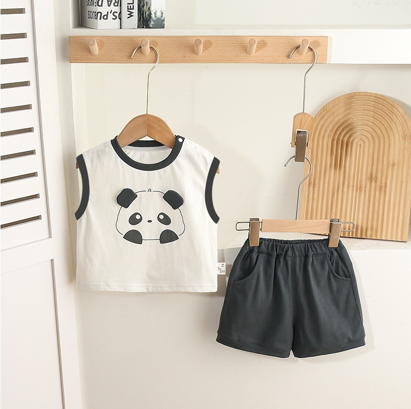 Sleeveless White Top with Panda Print and Black Shorts Set