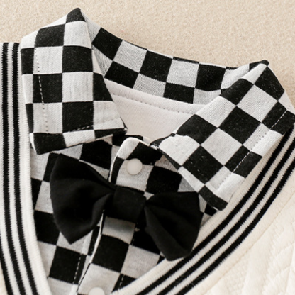 Mock Two-pieces Baby Boy Bear Print Plaid Bow Tie Collar Romper