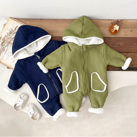 Baby Boy/Girl Solid Color Winter Thicken Long Sleeve Hooded Romper-kissminis