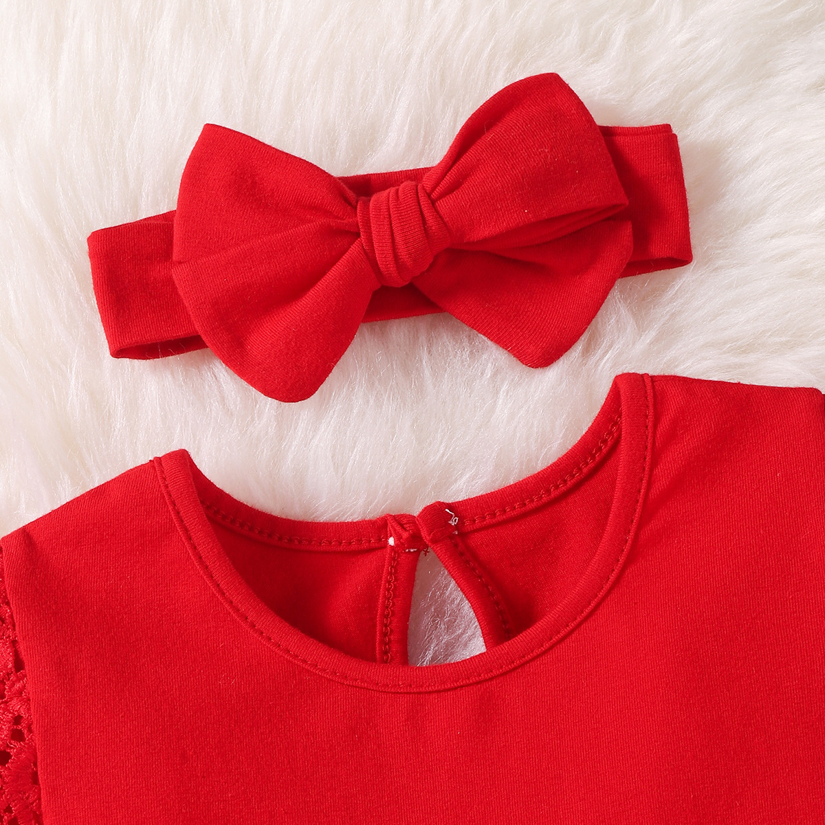 2pcs Baby Girl Christmas Cartoon Lace Long Sleeve Romper with Hair Band Set-kissminis
