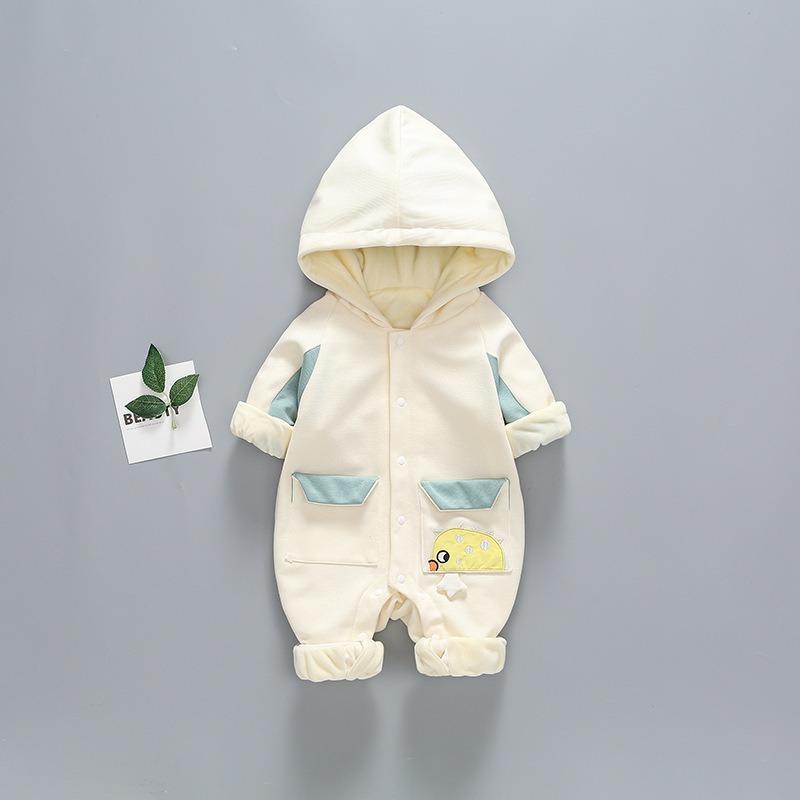 Baby Boy/Girl Cartoon Graphic Pocket Design Hooded Hooded Long Sleeve Romper-kissminis