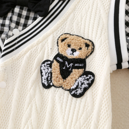 Baby Boy Bear Print Plaid Bow Tie Collar Romper