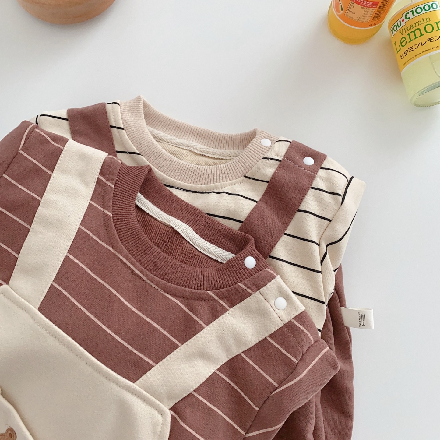 Baby Boy/Girl Cute Bear Pocket Design Fake Two Pieces Striped Long Sleeve Romper-kissminis