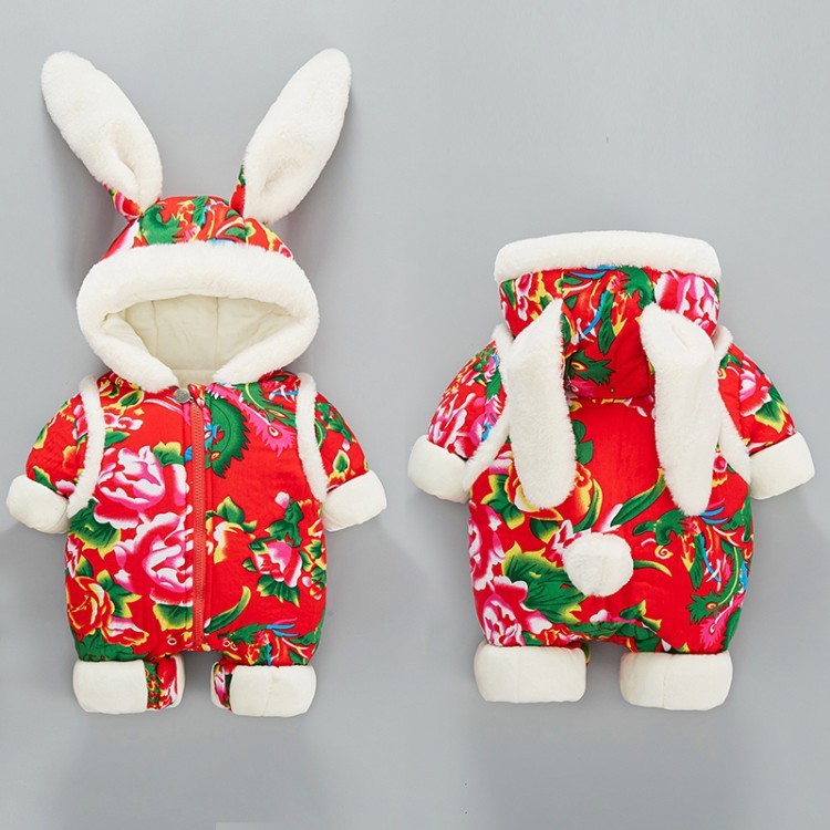 Baby Boy/Girl Winter Thicken Rabbit Ear Design Flower Pattern Cotton Romper-kissminis