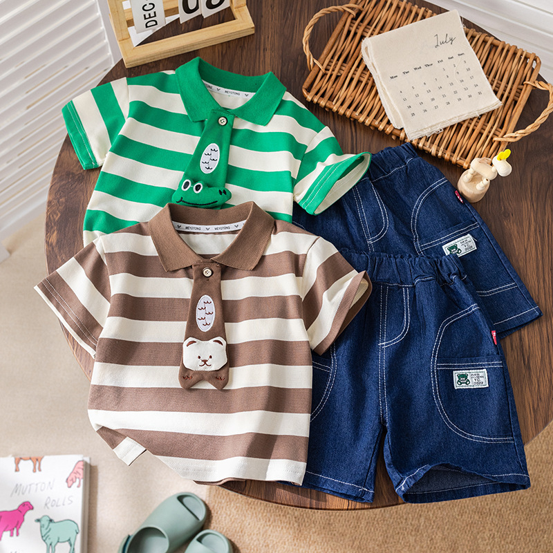 Striped Polo Shirts with Animal Motifs and Denim Shorts Sets