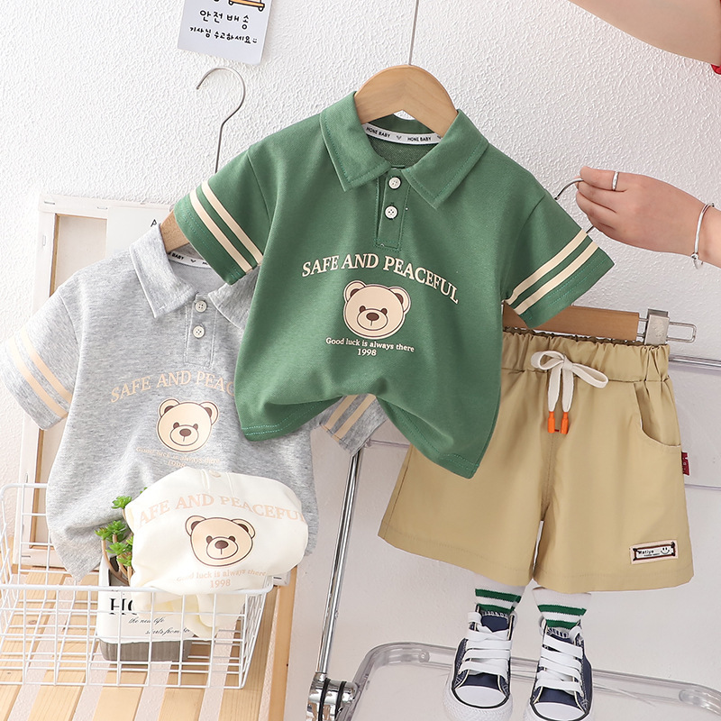 Toddler Boy Cute Bear Pattern Solid Color Two-Piece Set-kissminis
