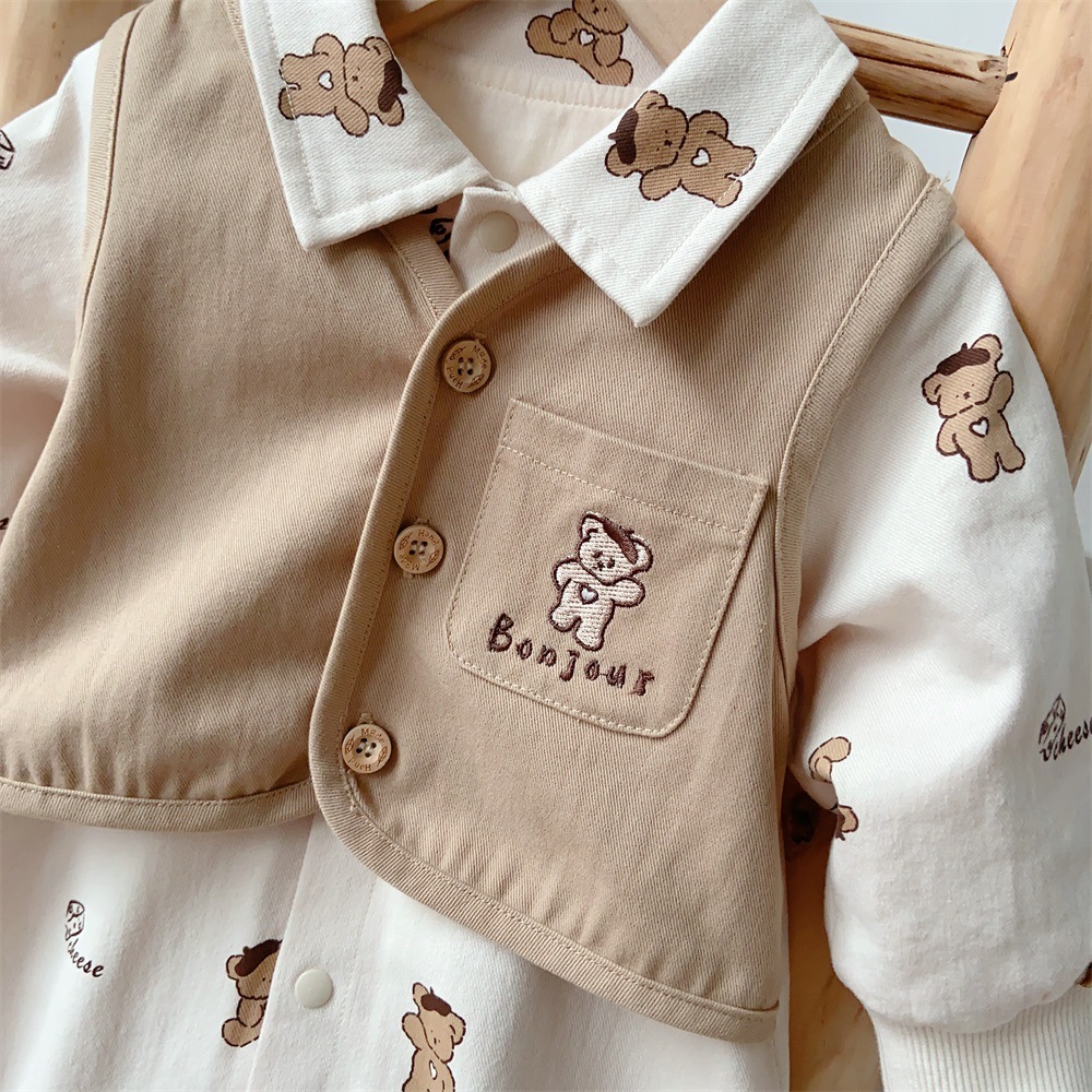 Baby Boy Mock Two-pieces Cartoon Bear Print Long Sleeve Romper-kissminis