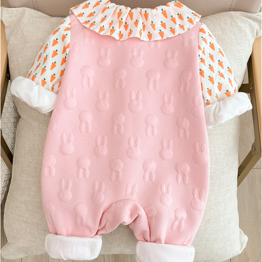 Baby Girl Cute Carrot and Allover Rabbit Pattern Fake Two Pieces Long Sleeve Romper-kissminis