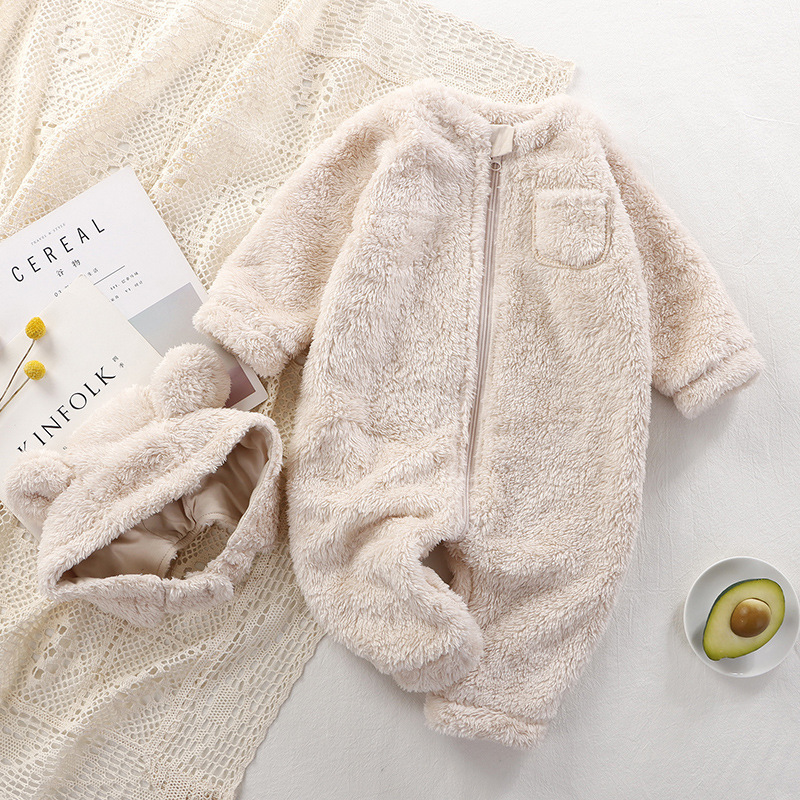 Baby Boy/Girl Solid Color Fluff Long Sleeve Romper and Cute Bear Ears Design Hat Set-kissminis