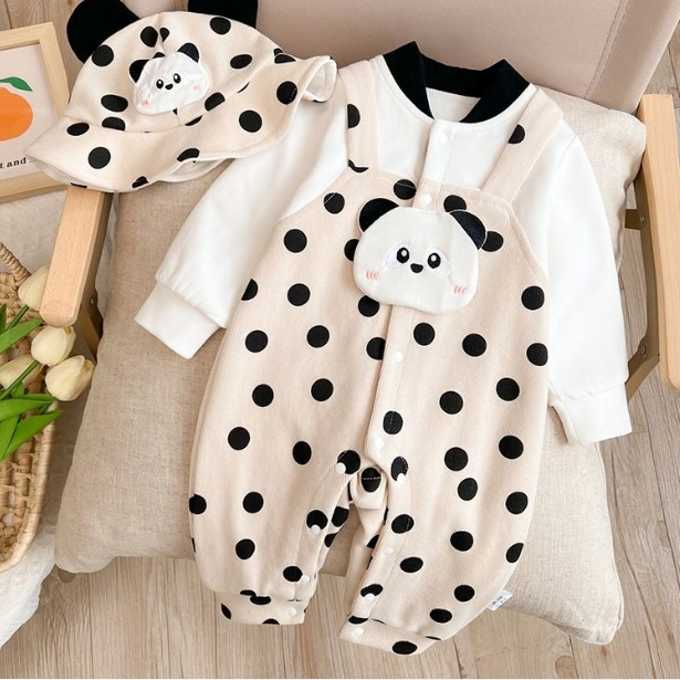 2pcs Baby Boy/Girl Cartoon Panda Dot Print Long Sleeve Romper with Hat Set-kissminis