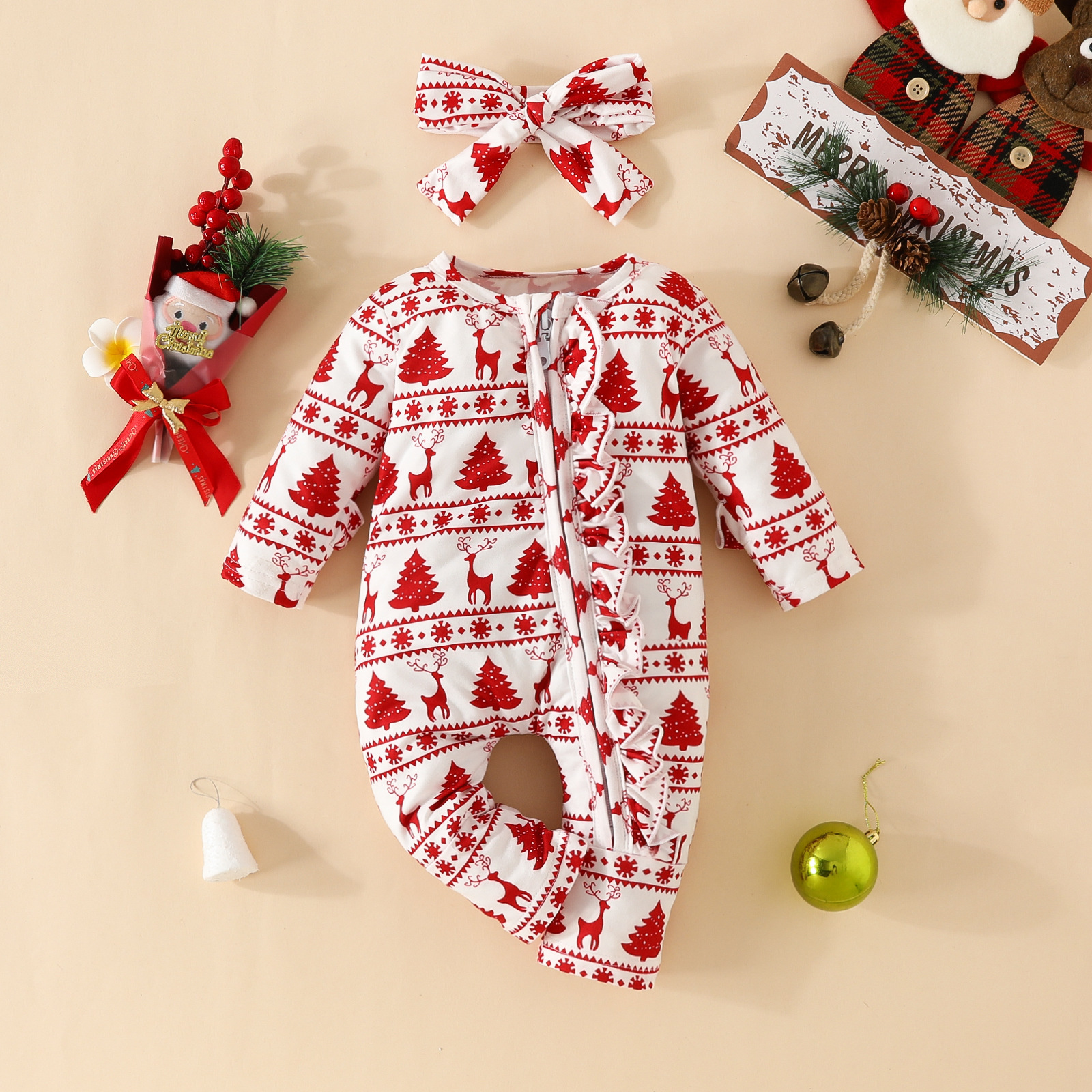 2pcs Newborn Baby Girl Christmas Deer and Pine Print Long Sleeve Romper with Hairband Set-kissminis