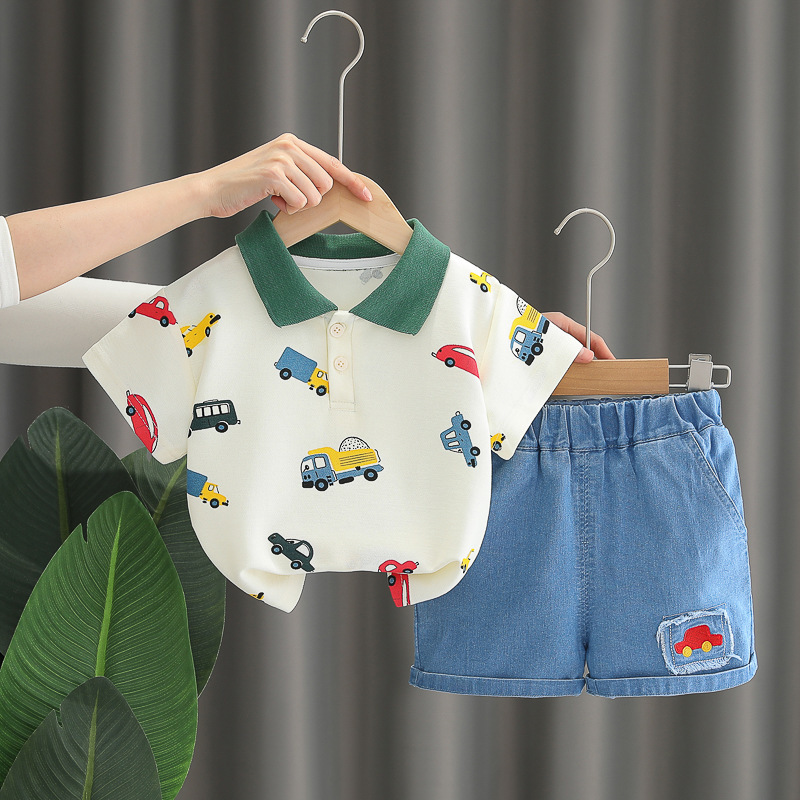 2pcs Vehicle Print Shirt with Green Collar Polo Short Sleeve Shorts Set