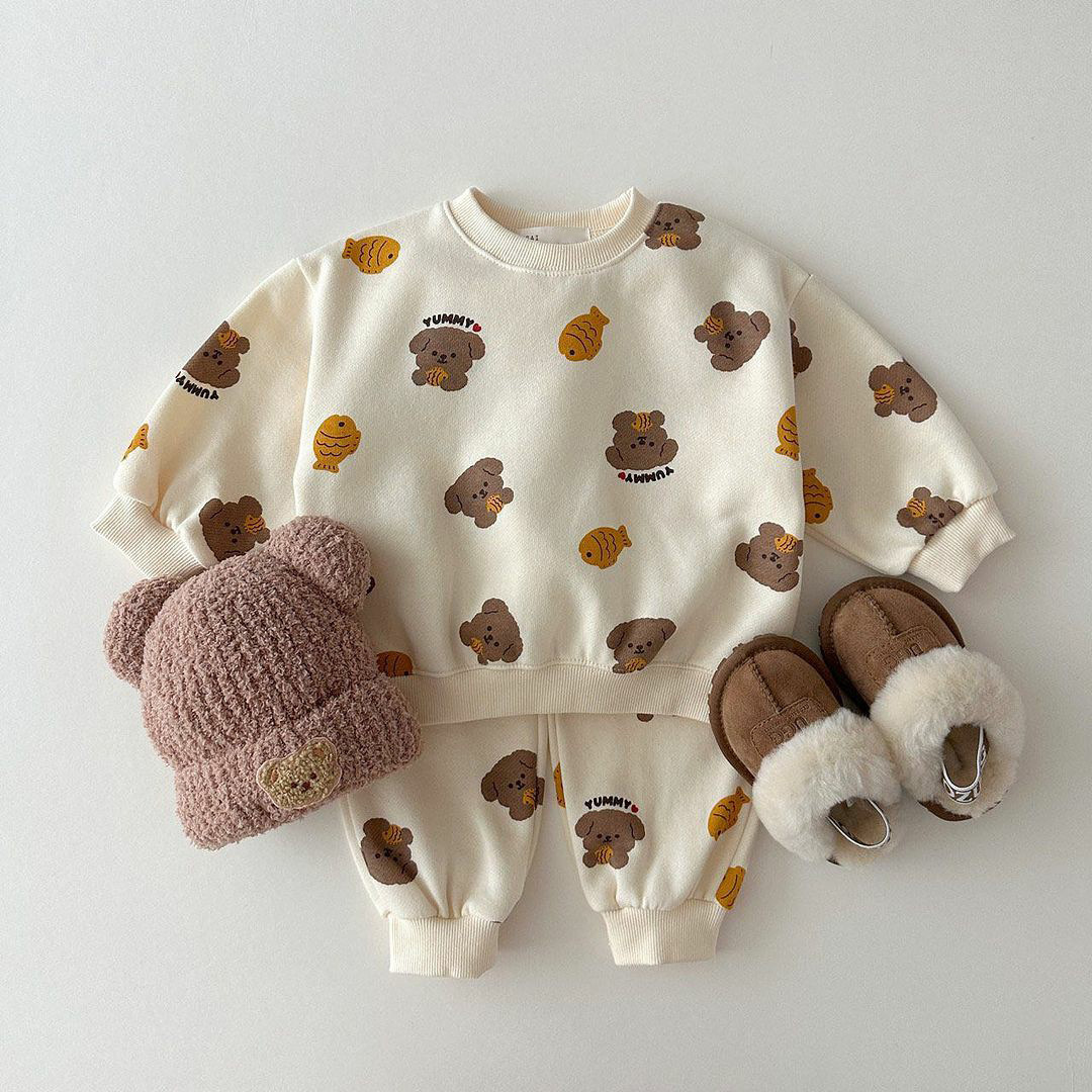 2pcs Baby Boy/Girl Allover Cartoon Bear and Dog Print T-shirt and Pants Set-kissminis