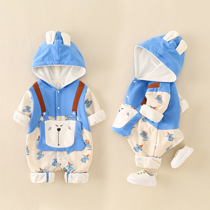 Newborn Baby Fake Two Pieces Dog Pattern Hooded Long Sleeve Romper-kissminis