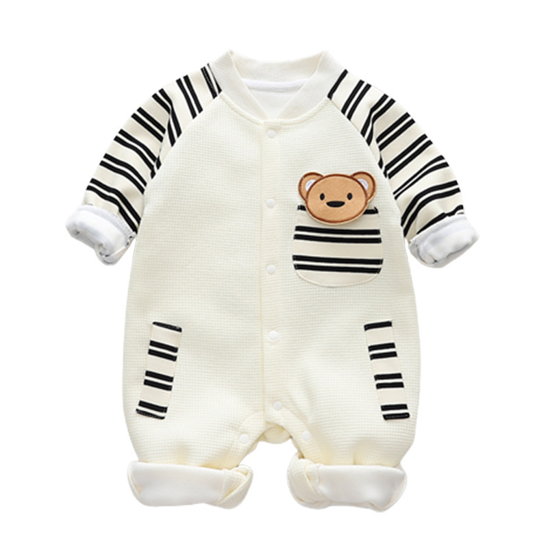 Baby Boy/Girl Stripe Line Bear Graphic Waffle Romper-kissminis