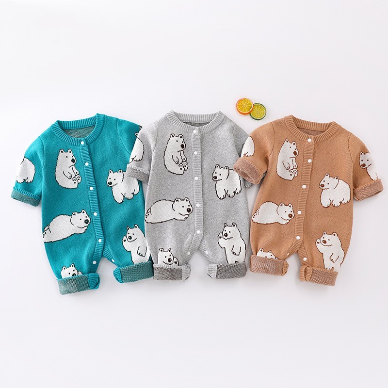 Baby Boy/Girl Allover White Bear Cute Design Long Sleeve Ropmer-kissminis