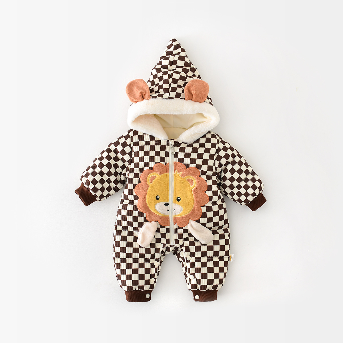 Baby Boy Winter Thicken Plaid Lion Graphic Long Sleeve Romper-kissminis