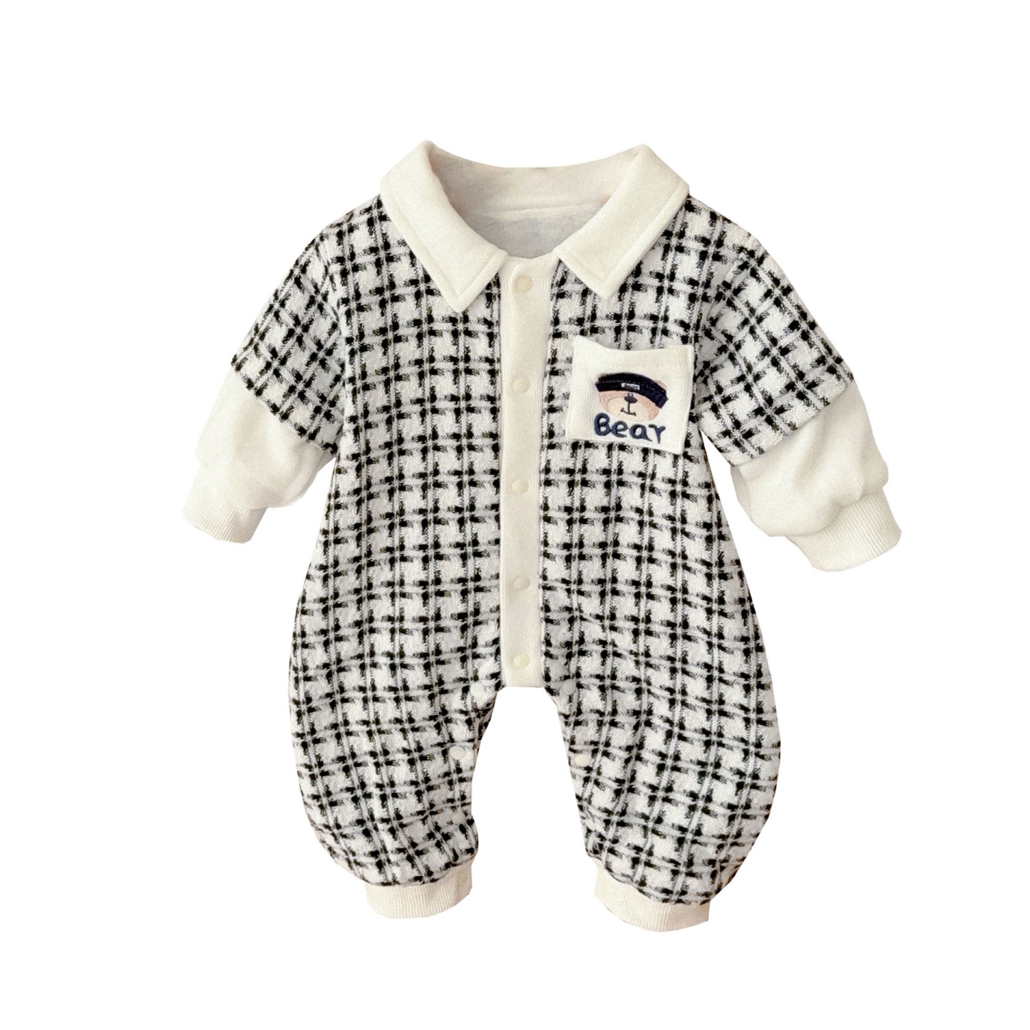 Bear Pocket Emblem Houndstooth Romper