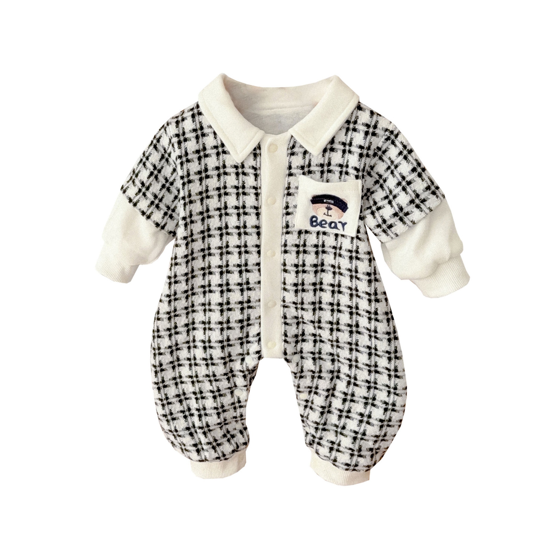 Bear Pocket Emblem Houndstooth Romper
