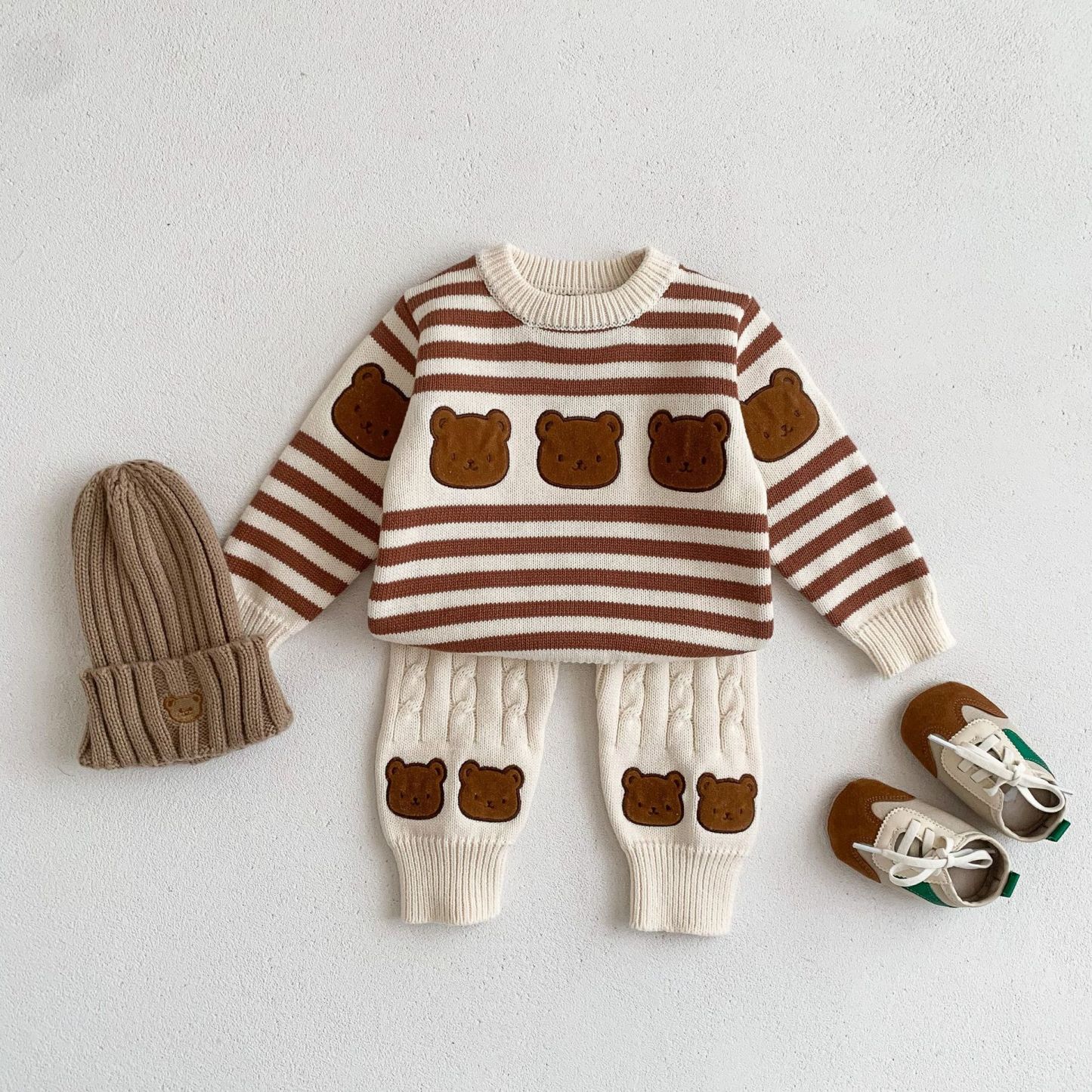 Baby Boy/Girl Cute Cartoon Bear Knitted Solid Color Long Sleeve Sweaters and Pants-kissminis