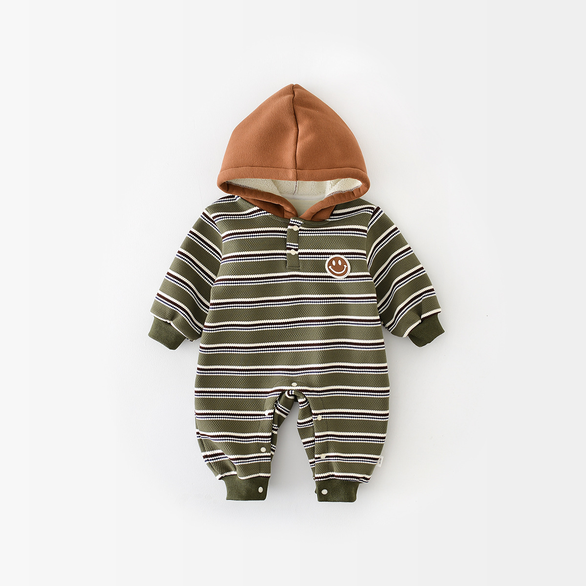 Winter Baby Boy/Girl Smiling Face Stripe Graphic Long Sleeve Hooded Romper-kissminis
