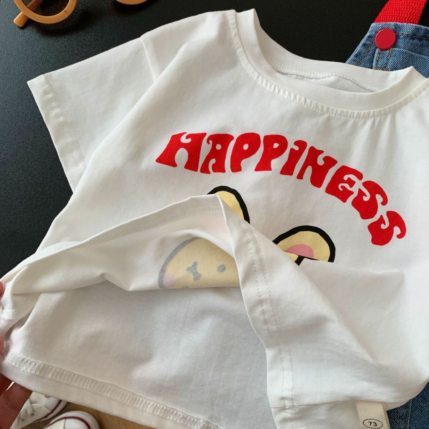 Baby Toddler Girl Block Color Suspender Pocket Embroideried Bear Denim Drress & Casual Large Rabbit Print T-shirt Set