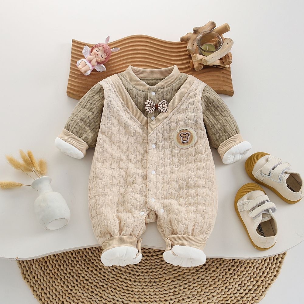 Baby Girl / Boy Gentlemen's Academy Style with A Bow Tie Long Sleeve Romper-kissminis