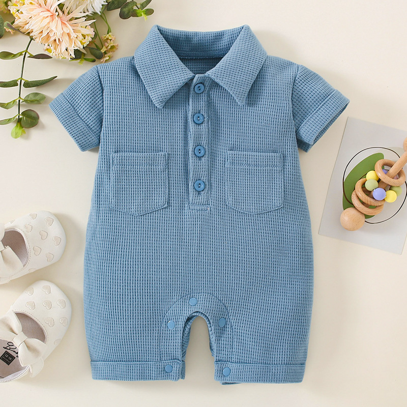 Baby Solid Color Lapel Short Sleeve Romper-kissminis